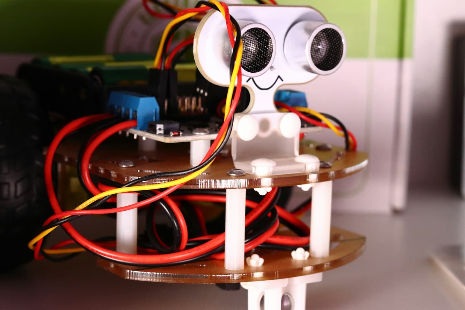 A small home-built robot with wires and sensors