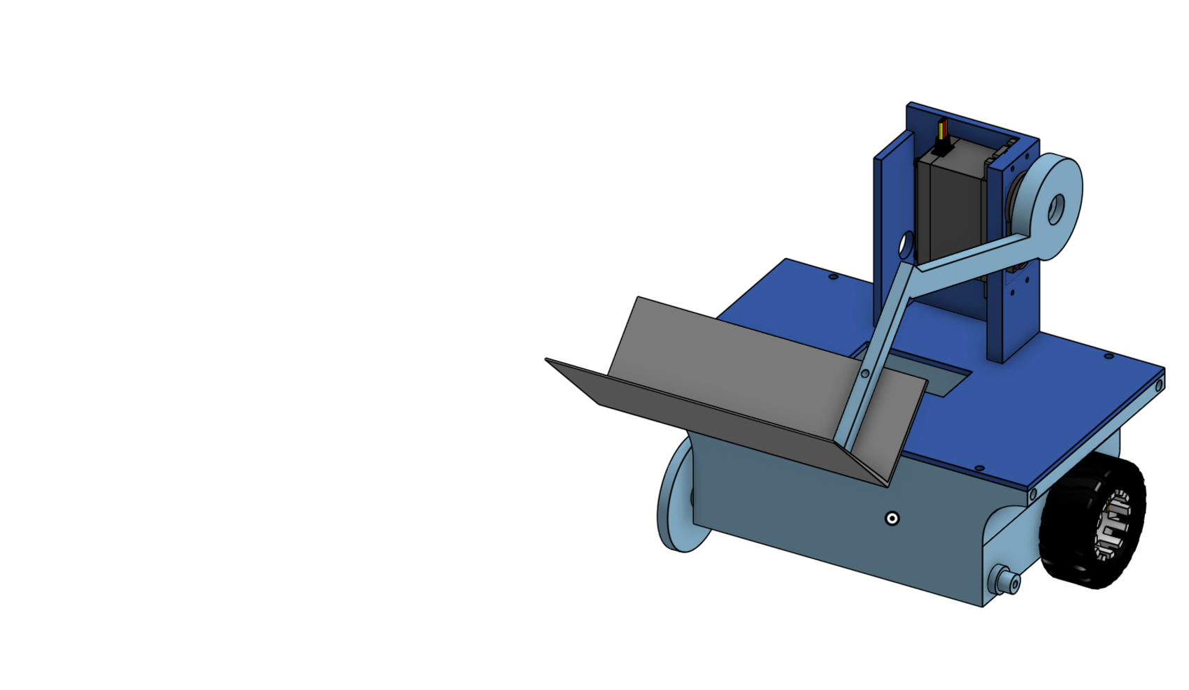 Complete starter bot CAD assembly with two drive wheels, a servo-powered arm, linkage, and front scoop