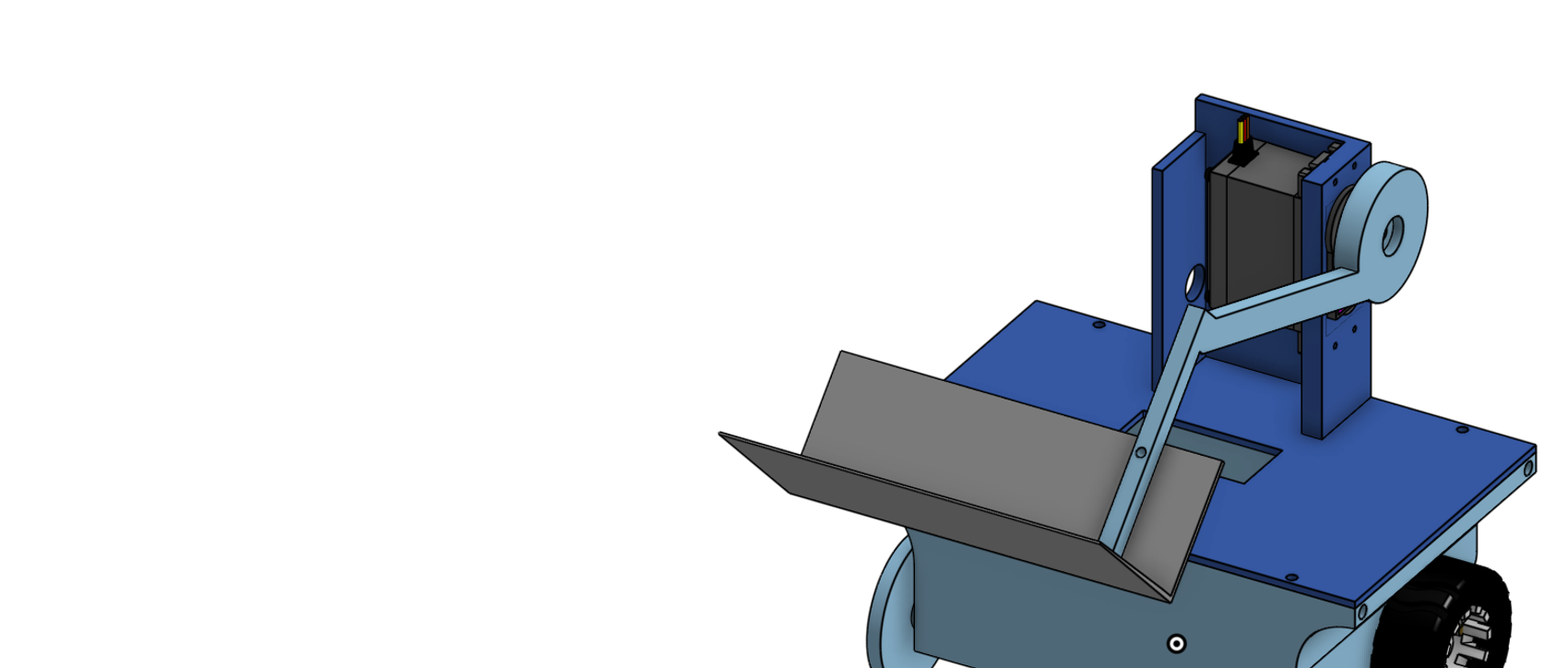 Starter bot CAD close-up showing the MG996R servo, arm linkage, scoop, and deck-mounted servo tower
