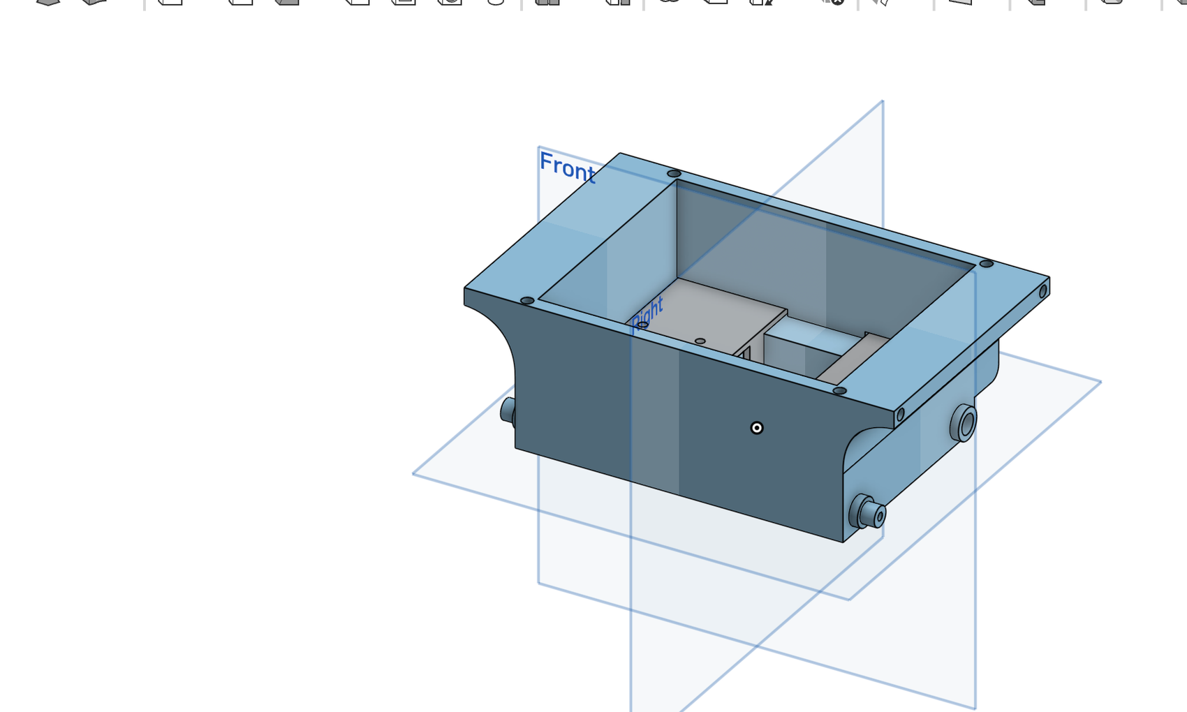 Onshape view of the drive chassis showing the motor-shaft openings, motor-cover locations, and open deck