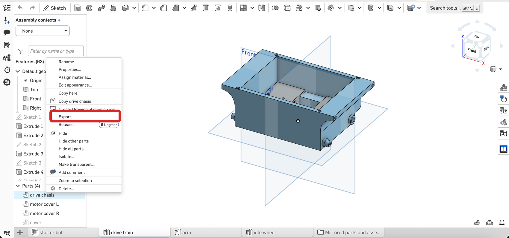 Onshape parts-list menu with Export highlighted for the drive chassis