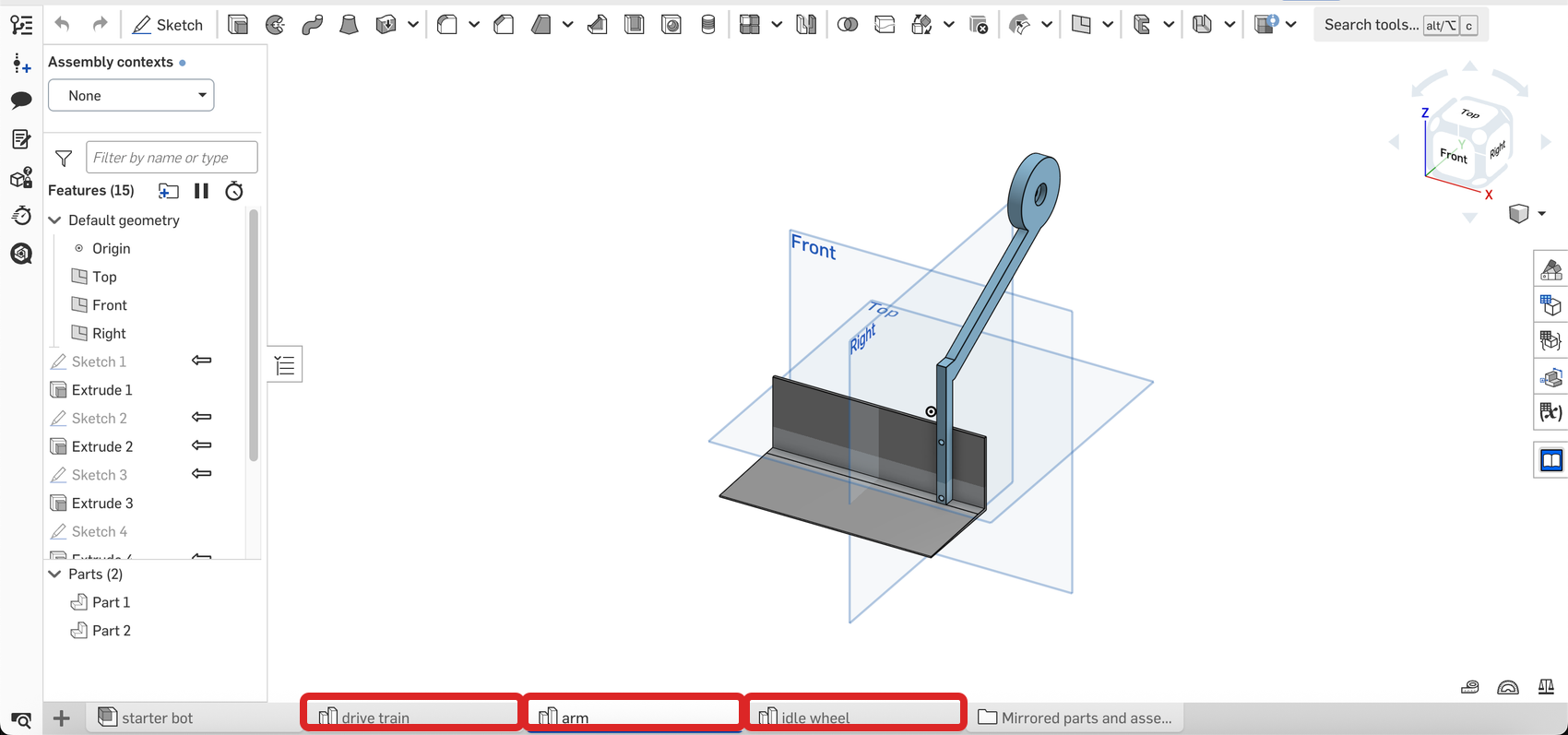 Starter bot Onshape document with the drive train, arm, and idle wheel Part Studio tabs highlighted