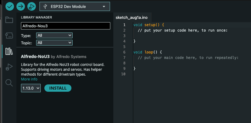 Arduino Library Manager with the Alfredo-NoU3 library by Alfredo Systems ready to install