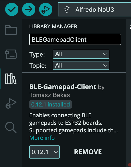 Arduino Library Manager with the BLE-Gamepad-Client library by Tomasz Bekas installed