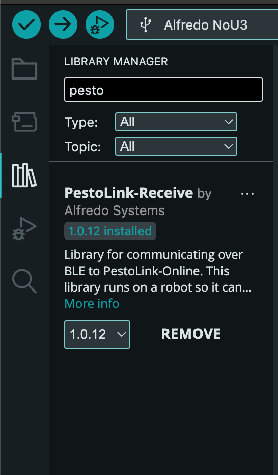 Arduino Library Manager with the PestoLink-Receive library by Alfredo Systems installed