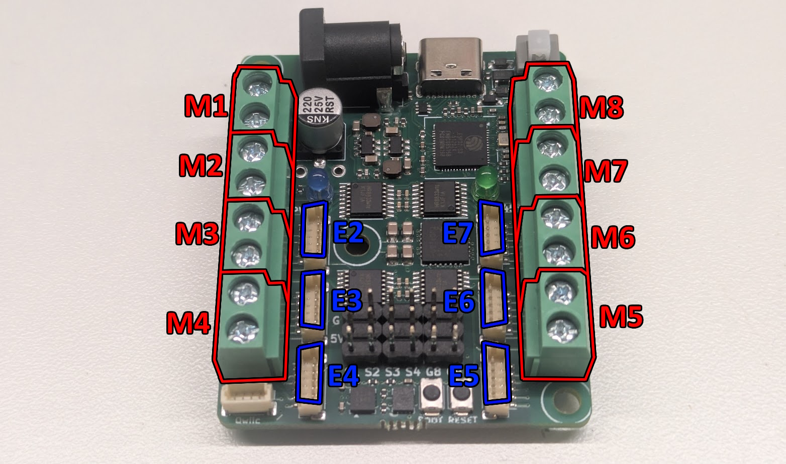 The NoU3's eight motor ports labeled M1 through M8, with M1 at the top left
