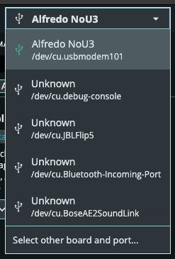 Board dropdown listing Alfredo NoU3 on /dev/cu.usbmodem101 among other ports