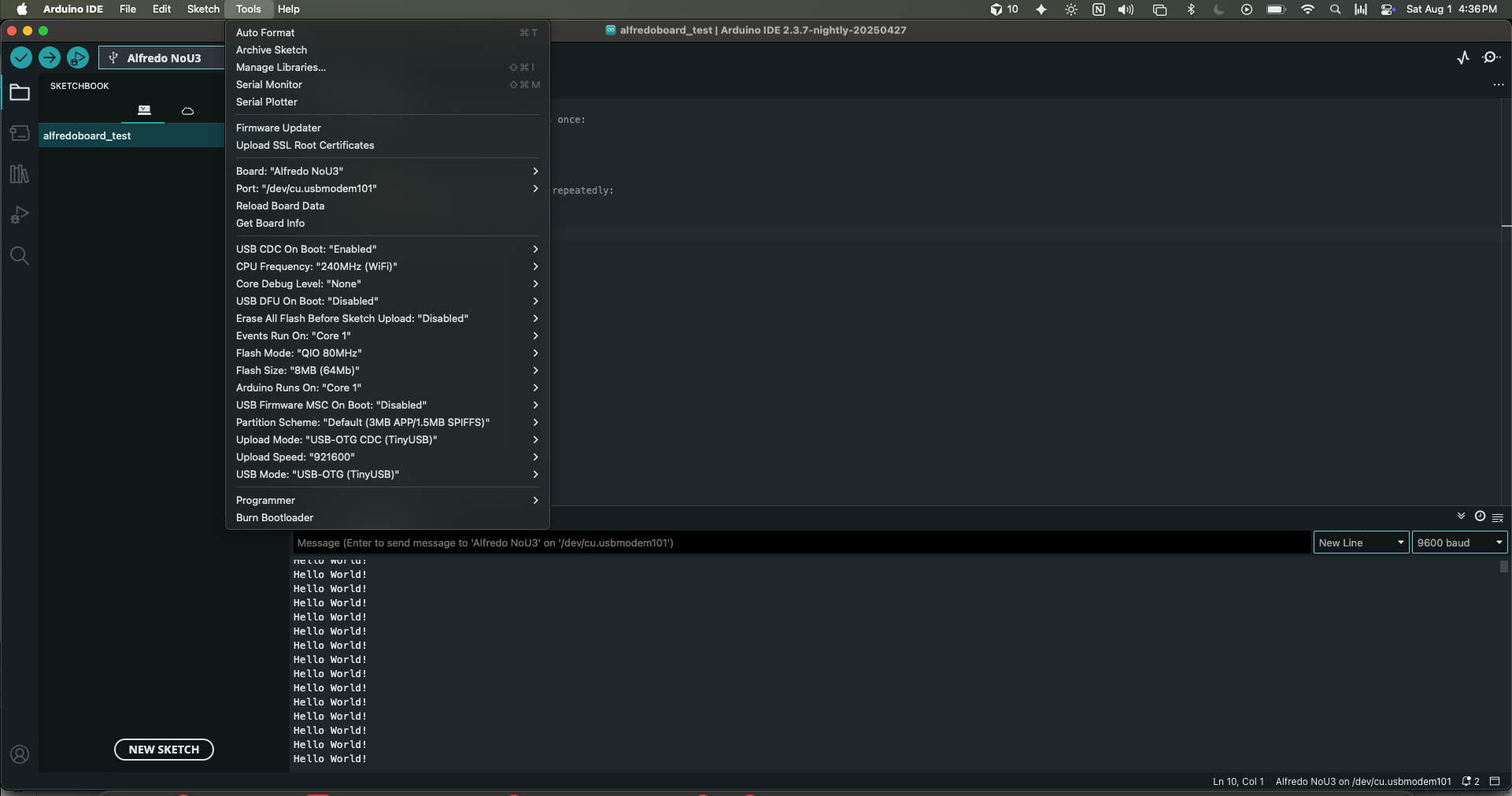 Arduino IDE with the serial monitor filling up with Hello World! lines